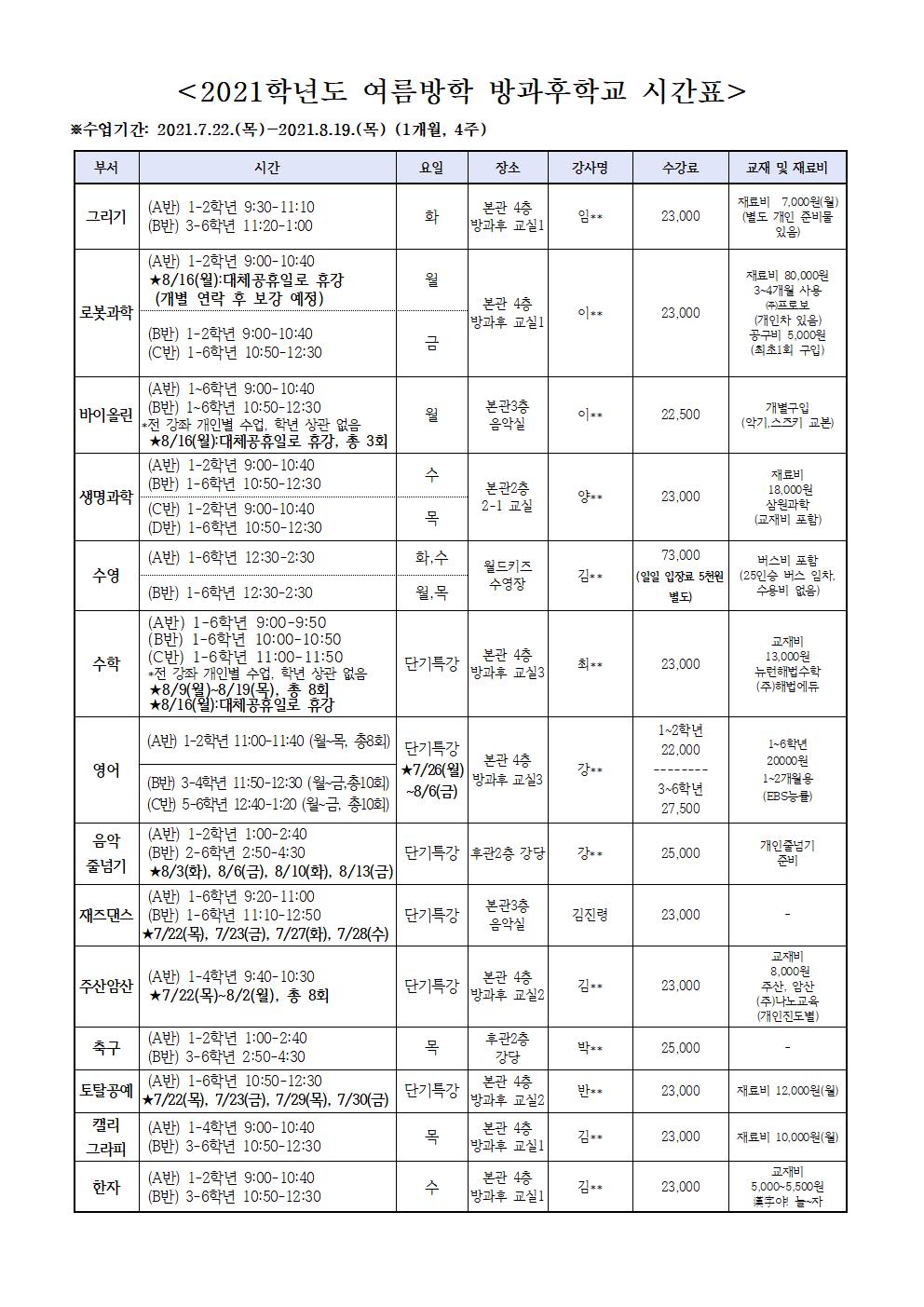 2021. 여름방학 방과후학교 시간표001