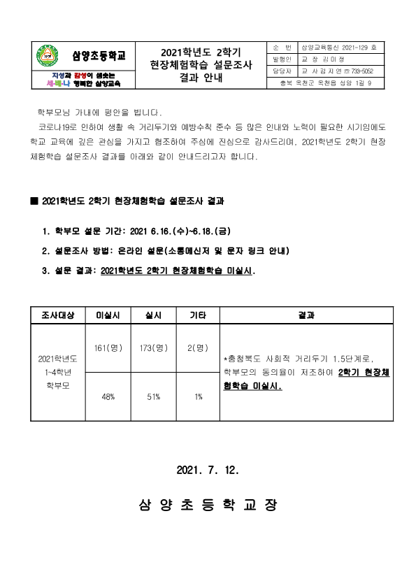 2021학년도2학기 현장체험학습  설문조사 결과 안내_1