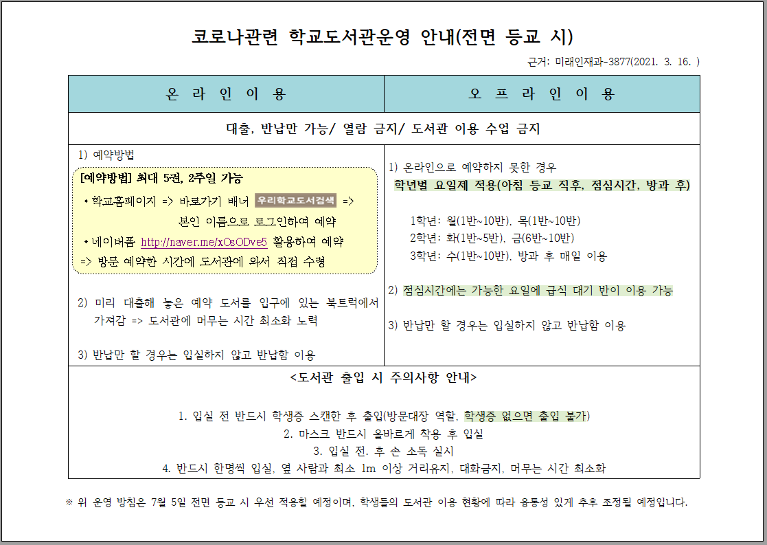 코로나관련 학교도서관 이용 안내(전면 등교시)