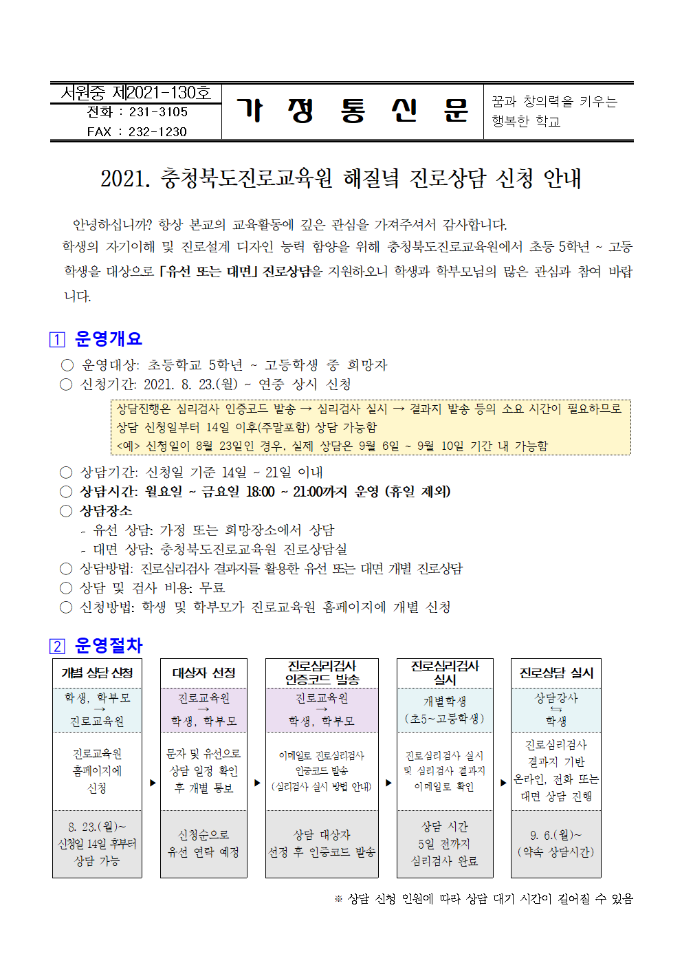 2021. 하반기 해질녘 진로상담 신청 안내 가정통신문001