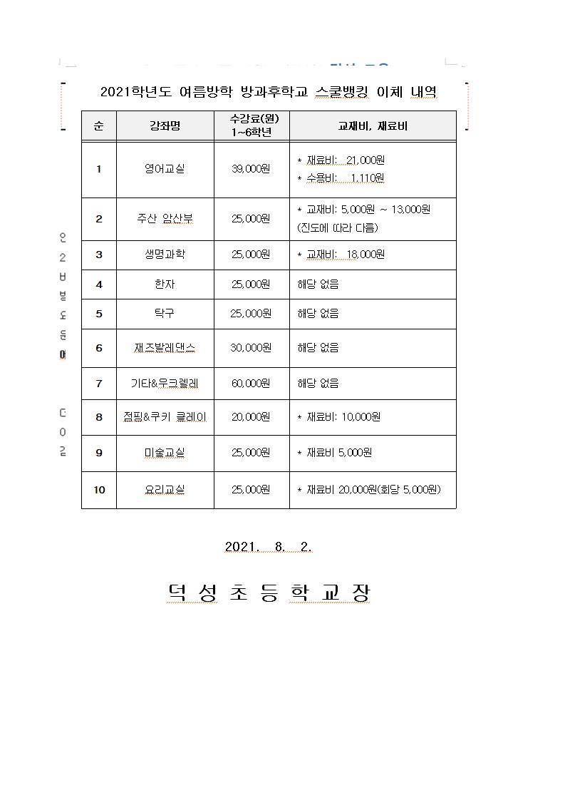 2. 덕성초 여름방학 방과후학교 스쿨뱅킹 이체내역