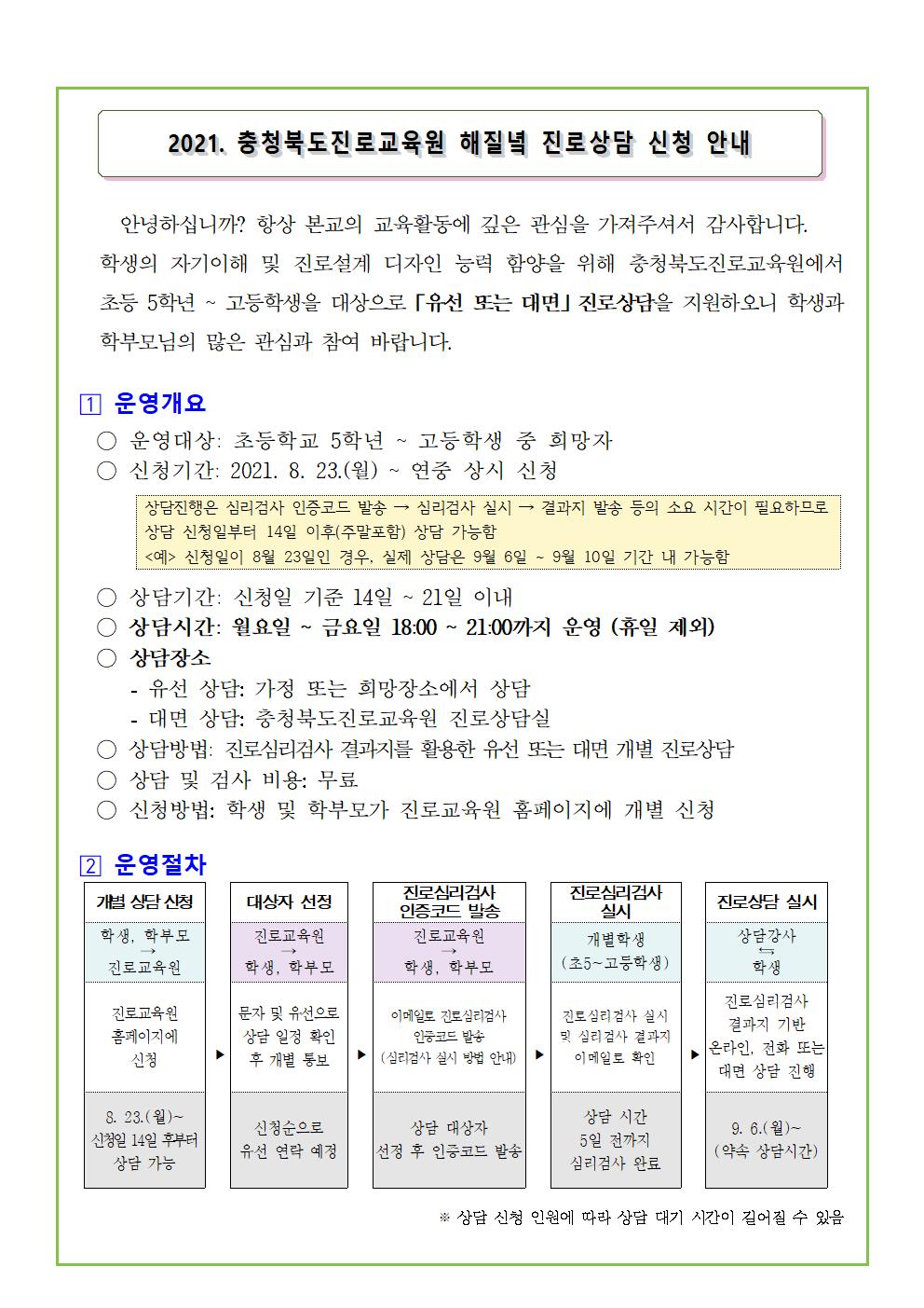 2021. 해질녘 진로상담 신청 안내 가정통신문
