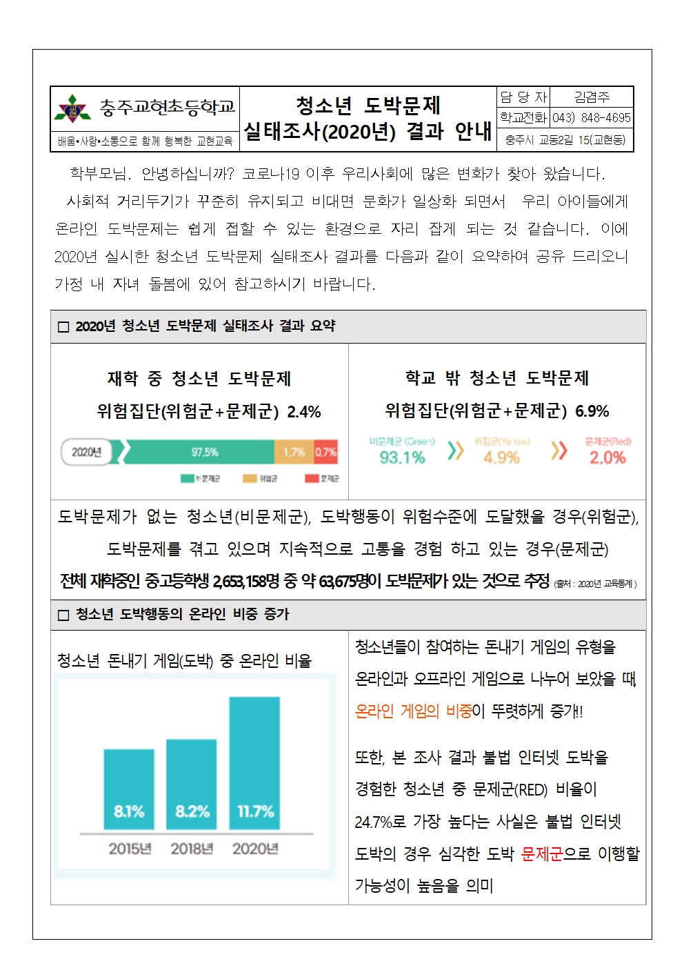 2021. 청소년 도박문제 실태조사 결과 안내 가정통신문001