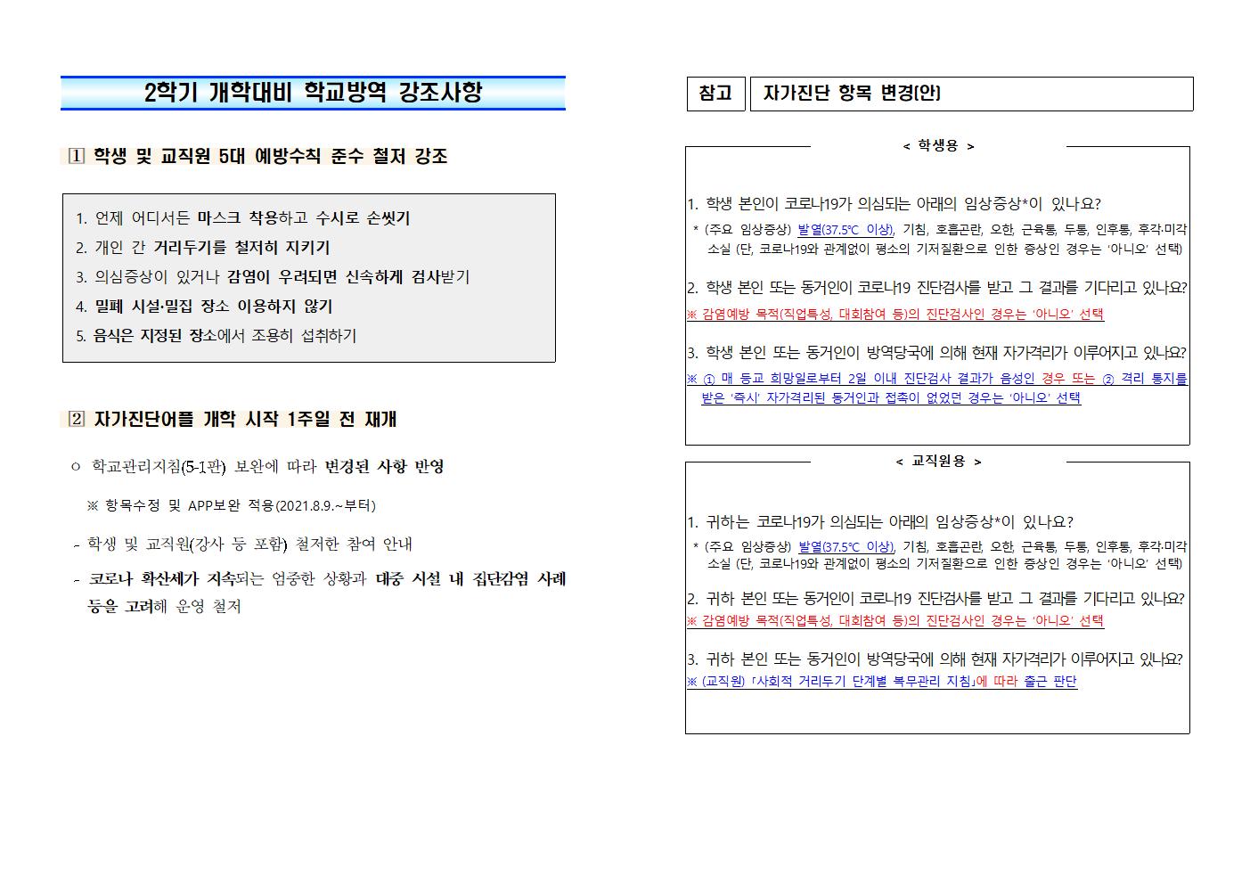 학생 및 교직원 5대 예방수칙 및 자가진단  재개001