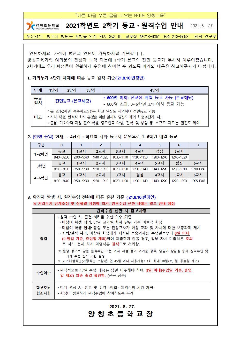 2021학년도 2학기 등교수업 및 원격수업 안내 가정통신문001