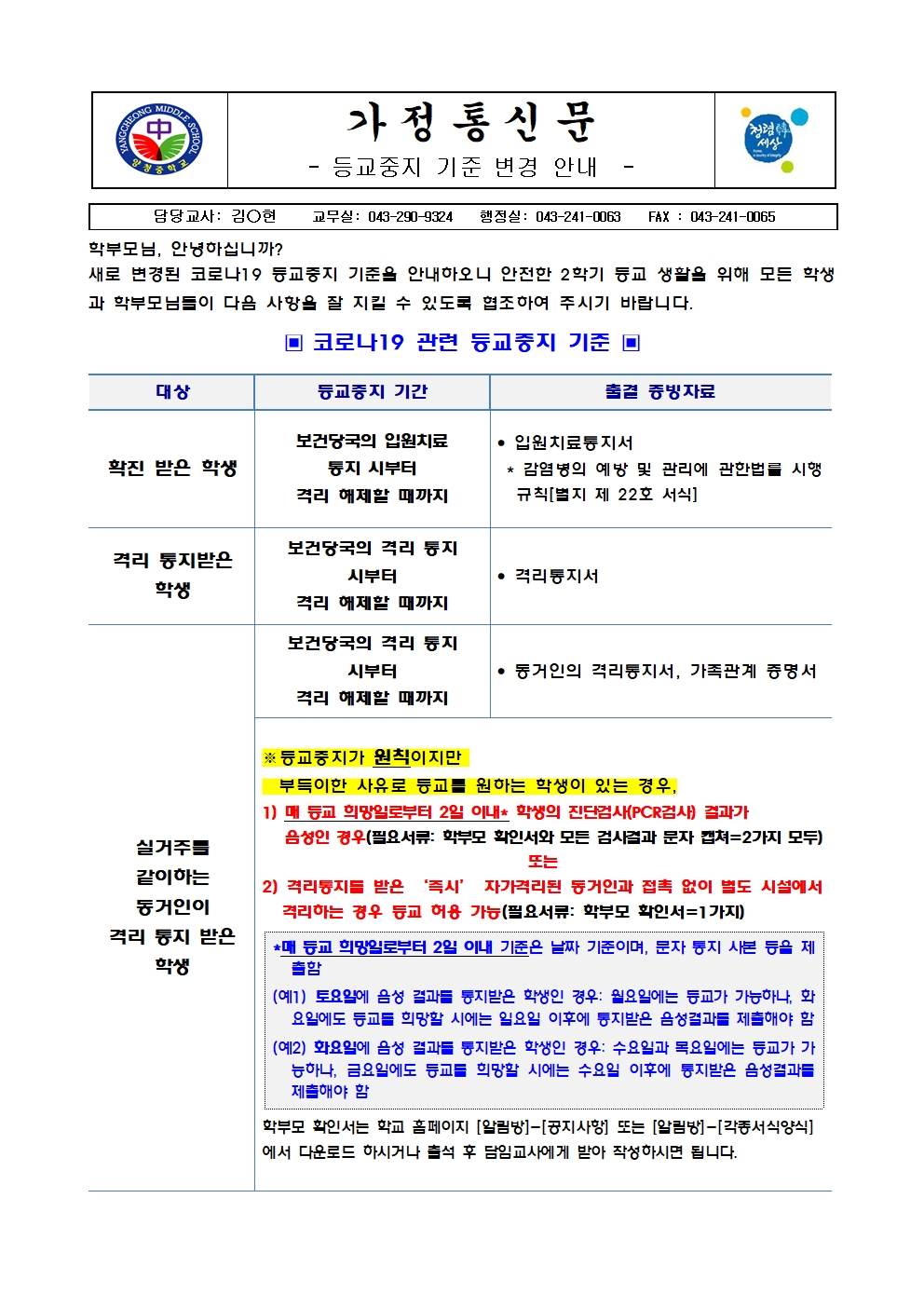가정통신문 (등교중지 기준 변경 안내)001