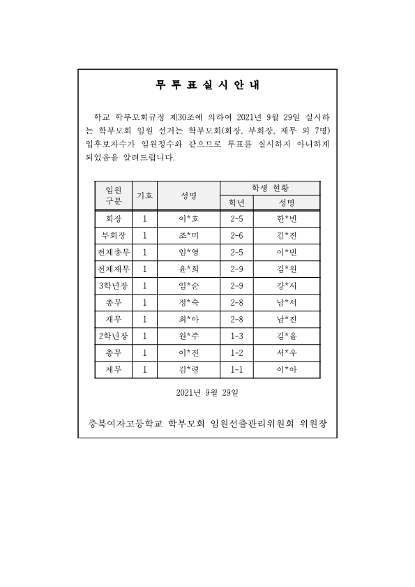 2021. 학부모회 무투표당선 안내