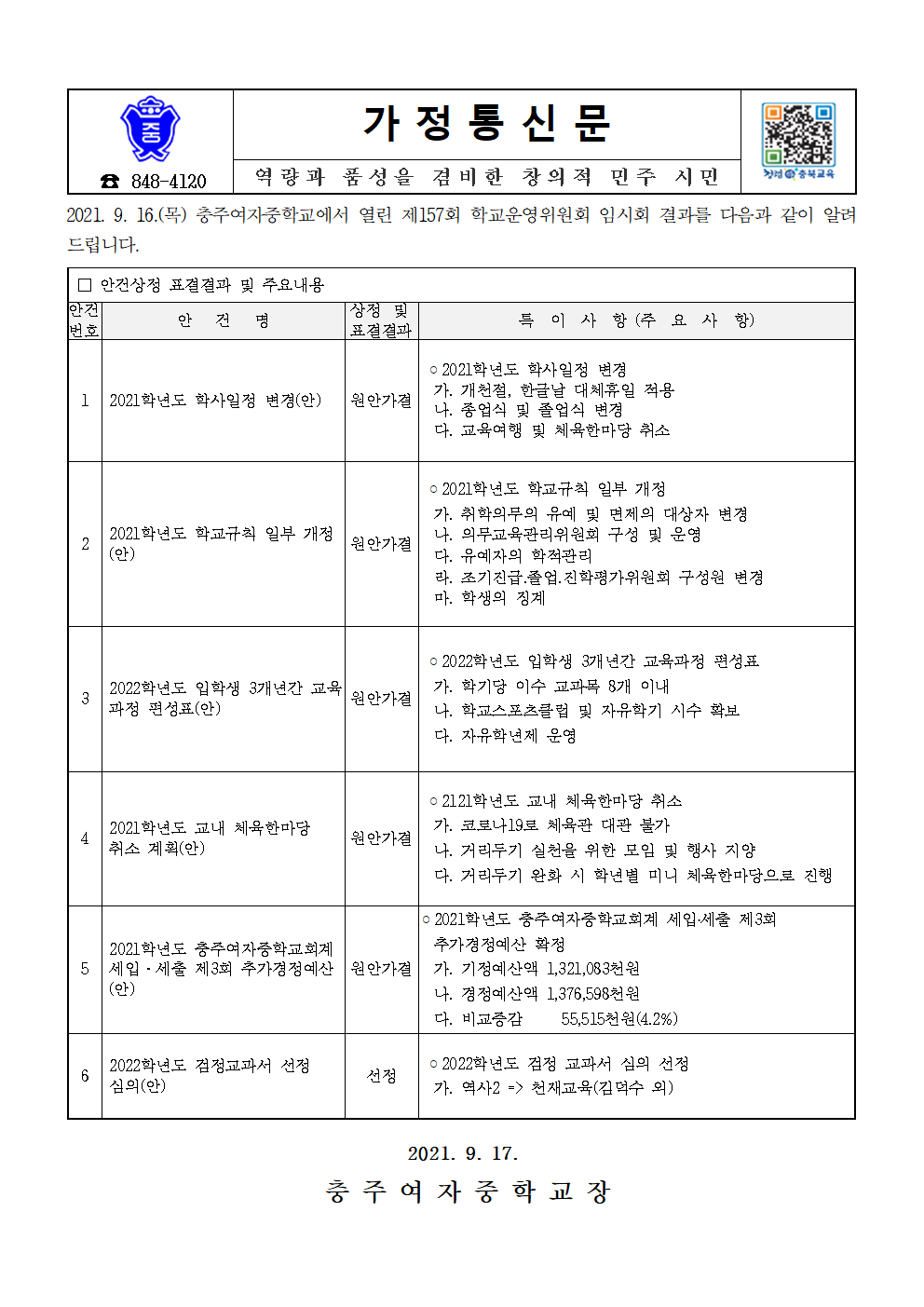 가정통신문-제157회 임시회(안건처리 결과 홍보)001