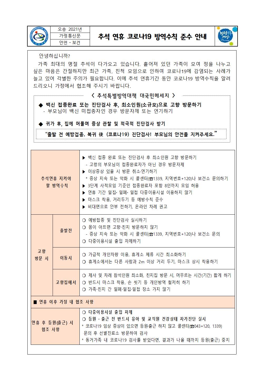 추석 연휴 코로나19 방역수칙 준수 안내001