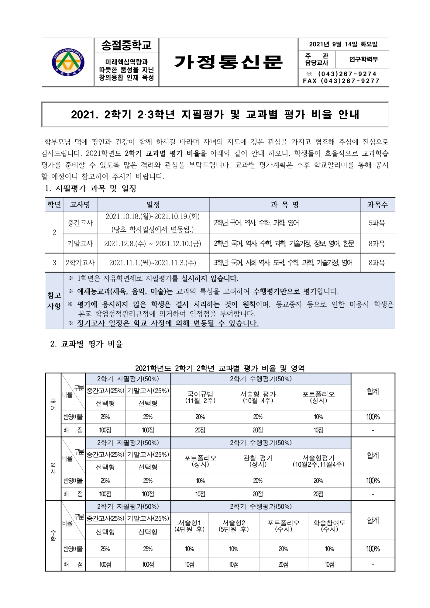 2021. 2학기 2·3학년 지필평가 및 교과별 평가 비율 안내_1