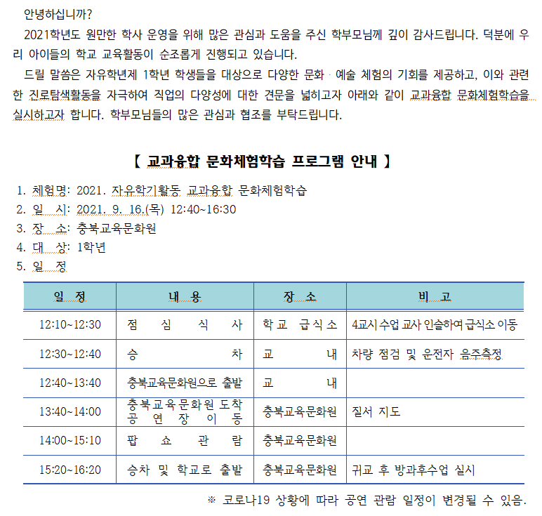 교과융합 문화체험활동 참여 설문조사(9. 16.)