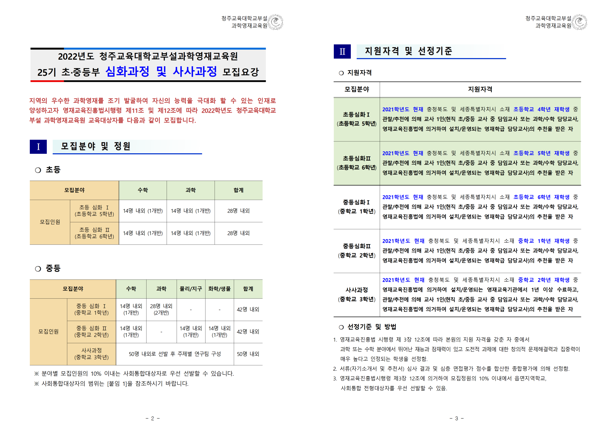 (한국과학창의재단)2022학년도 청주교육대학교부설과학영재교육원 모집요강002