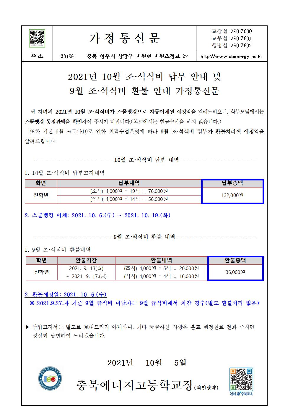 2021. 10월 조·석식비 납부 안내 및 9월 조·석식비 환불 안내 가정통신문