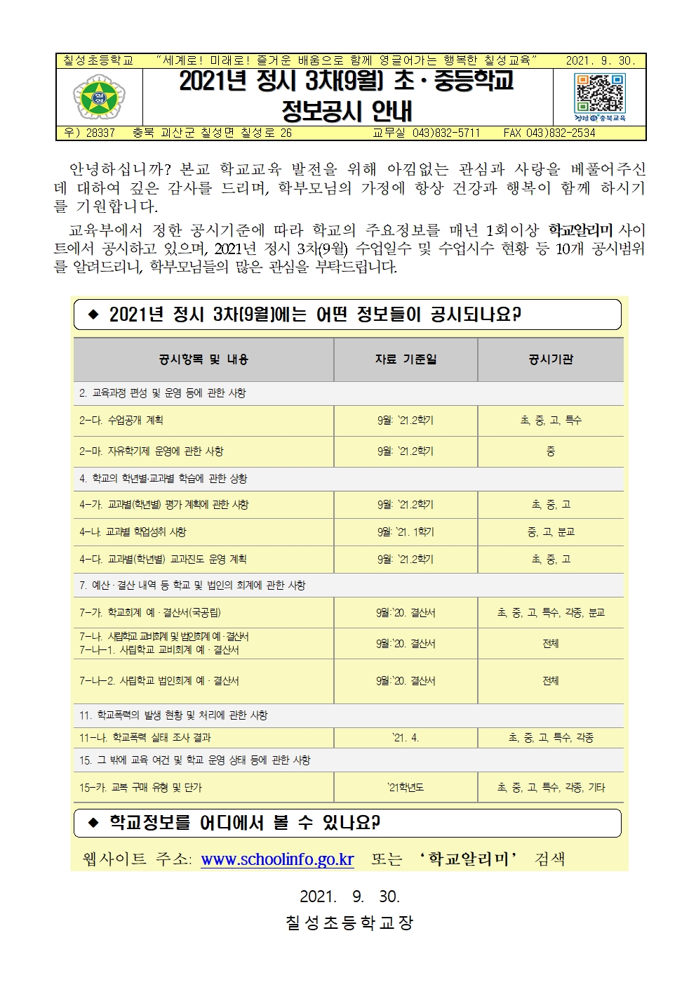 2021년 정시 3차(9월) 초ㆍ중등학교 정보공시 안내001