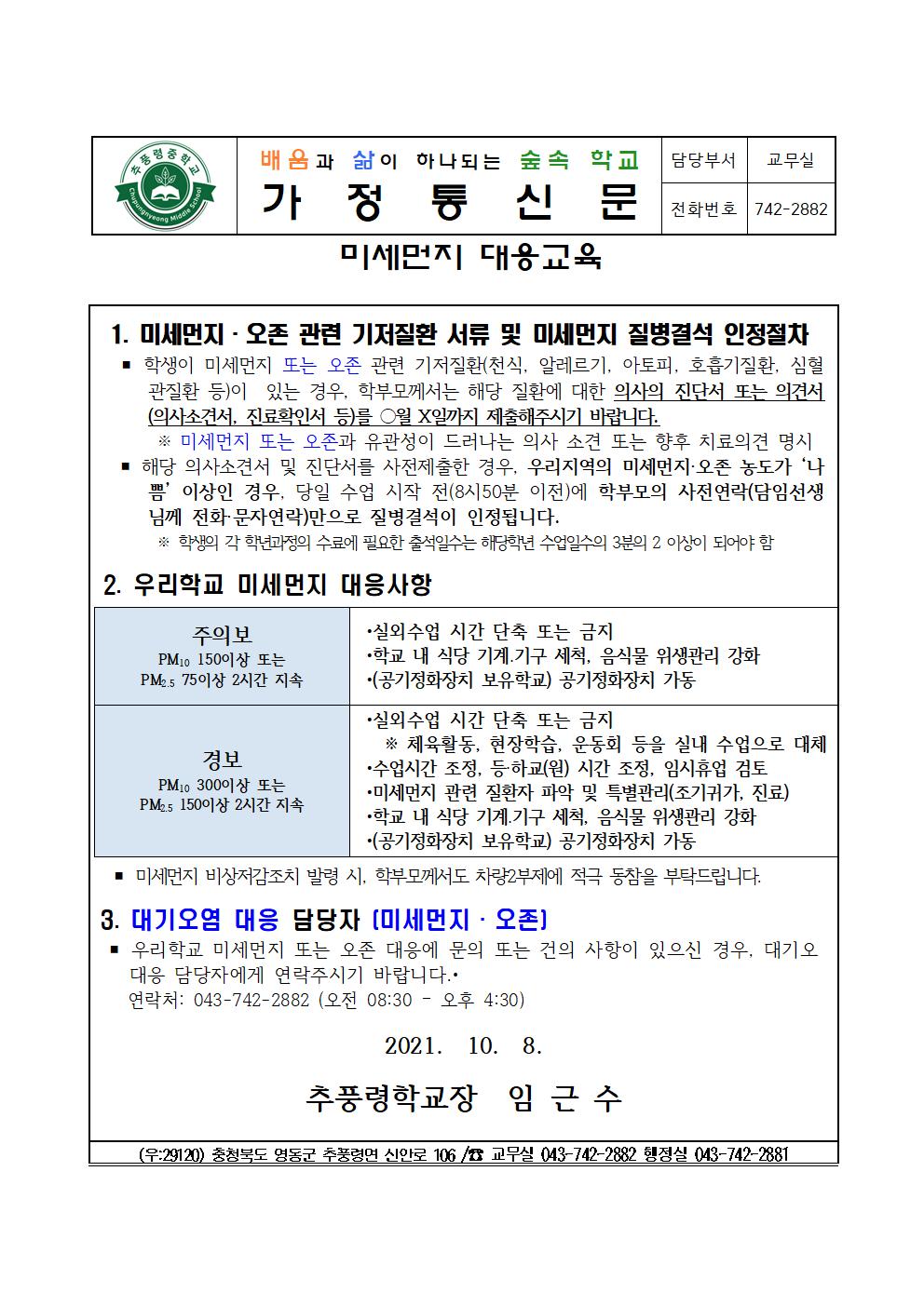 2021학년도 미세먼지 대응교육 가정통신문001