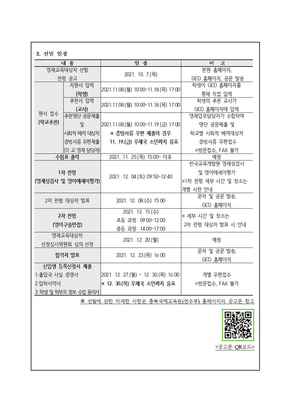 2. 2022. 충북국제교육원 부설영재교육원(청주) 영재교육대상자 선발 가정통신문 예시002