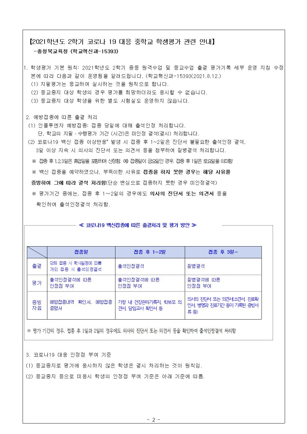 2021학년도 3학년 2학기고사 계획  및 코로나19대응 중학교 평가 안내 가정통신문002