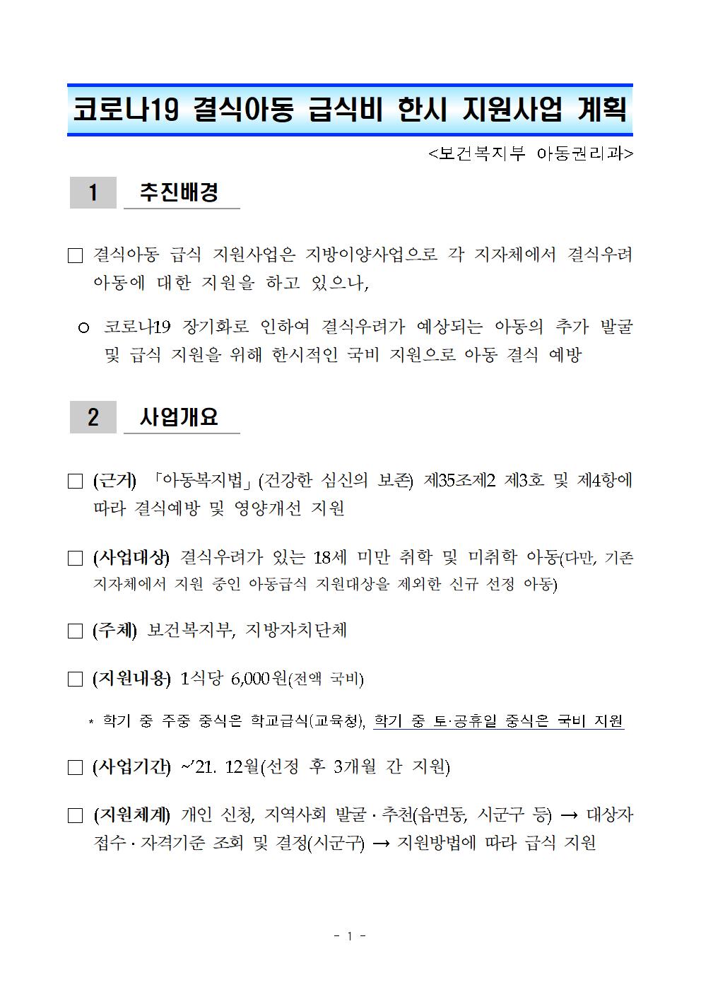 충청북도교육청 체육건강안전과_코로나19 결식아동 급식비 한시지원사업 안내 계획(보건복지부)(1)001