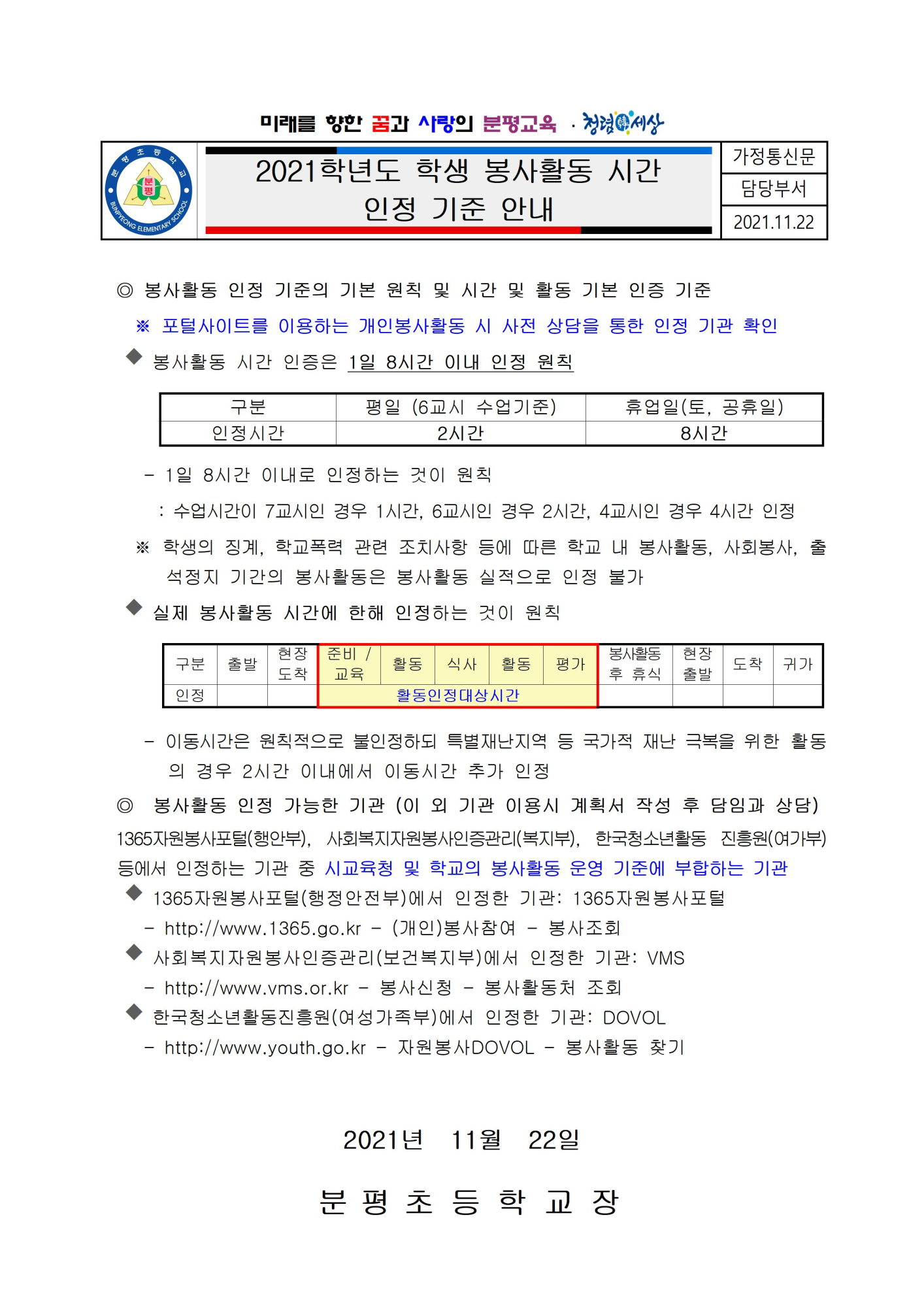 2021학년도 학생봉사활동 안내 가정통신문001