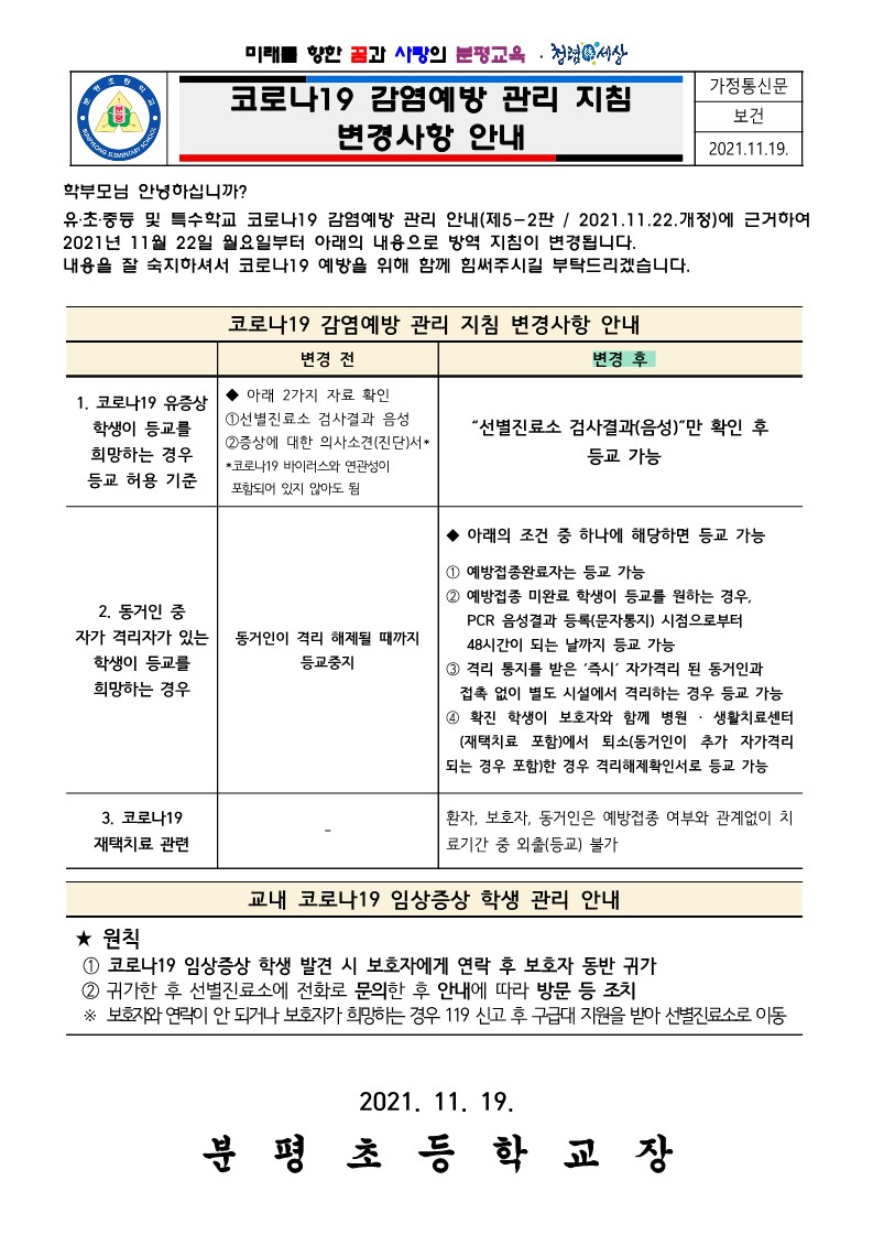 코로나19 감염예방 관리 지침 변경사항 안내(가정통신문)_1