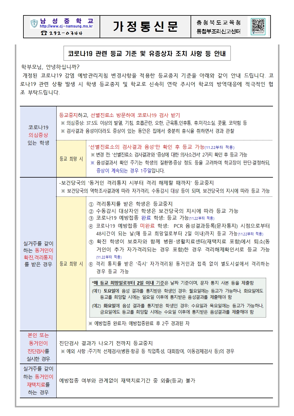 코로나19 등교기준 및 방역수칙 준수 안내001