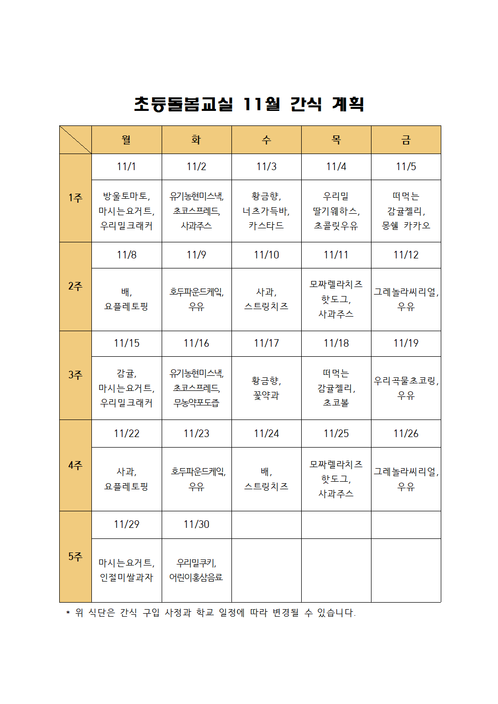 초등돌봄교실 11월 간식 계획(2021)001