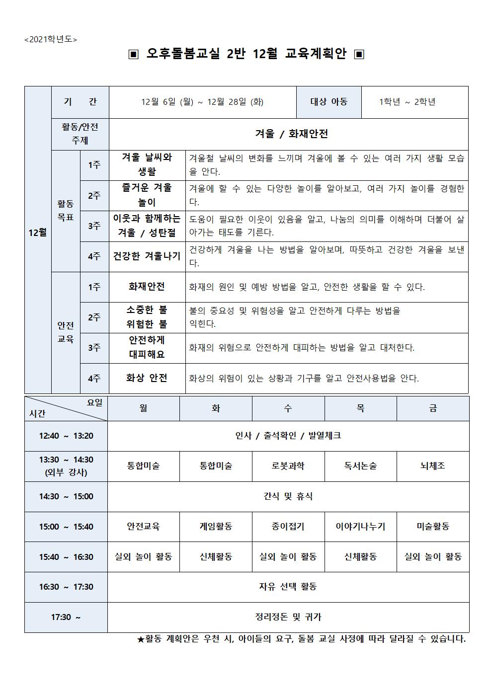 2021학년도 12월 초등돌봄교실 2실 운영 계획서001