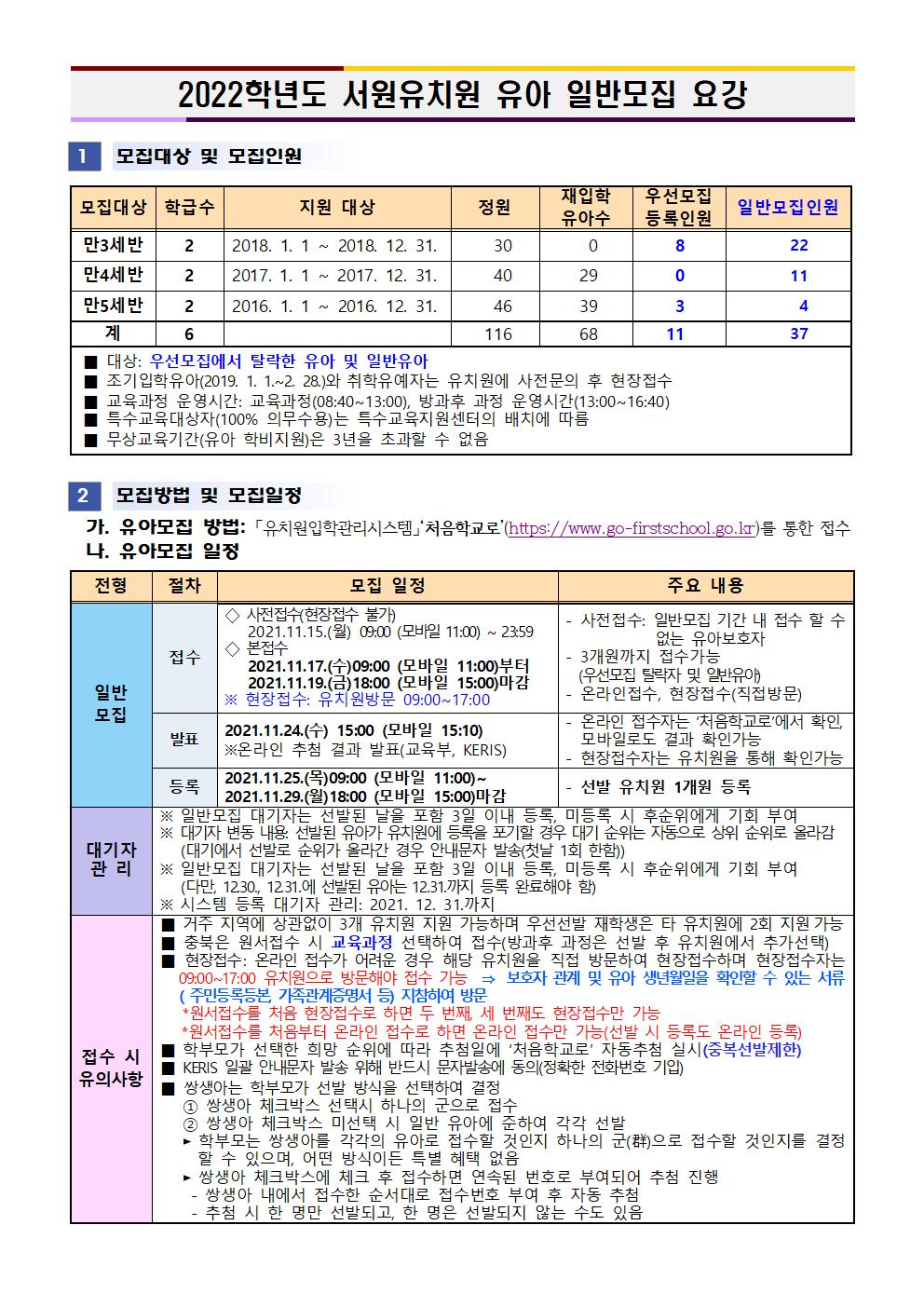 2022학년도 서원유치원 유아 일반모집 요강001