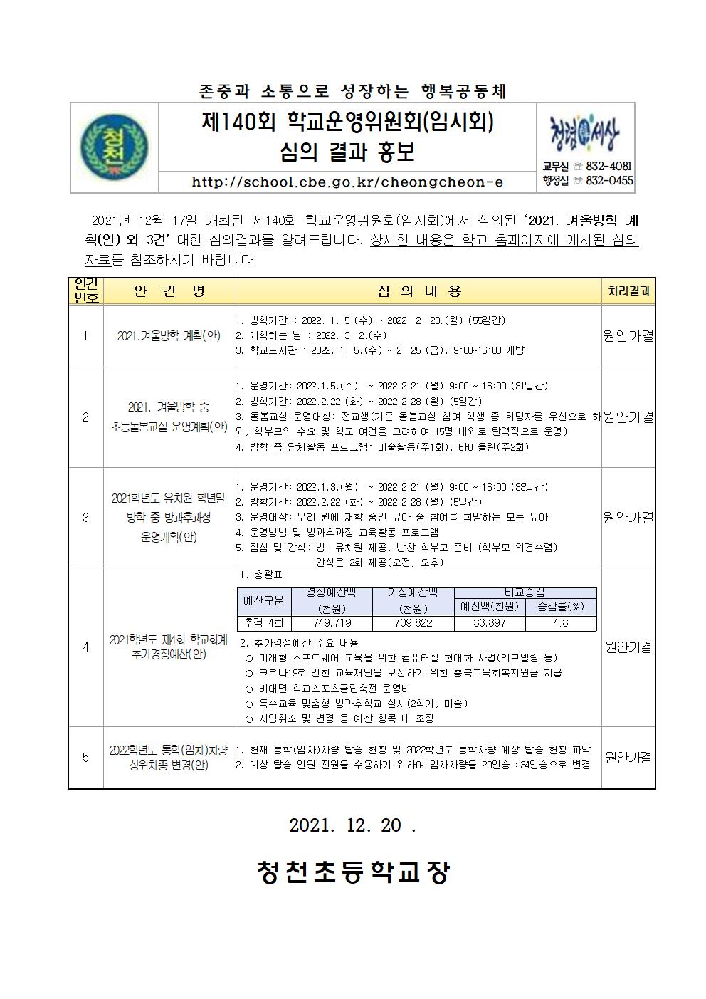 제140회 학교운영위원회(임시회) 심의 결과 홍보 안내장001