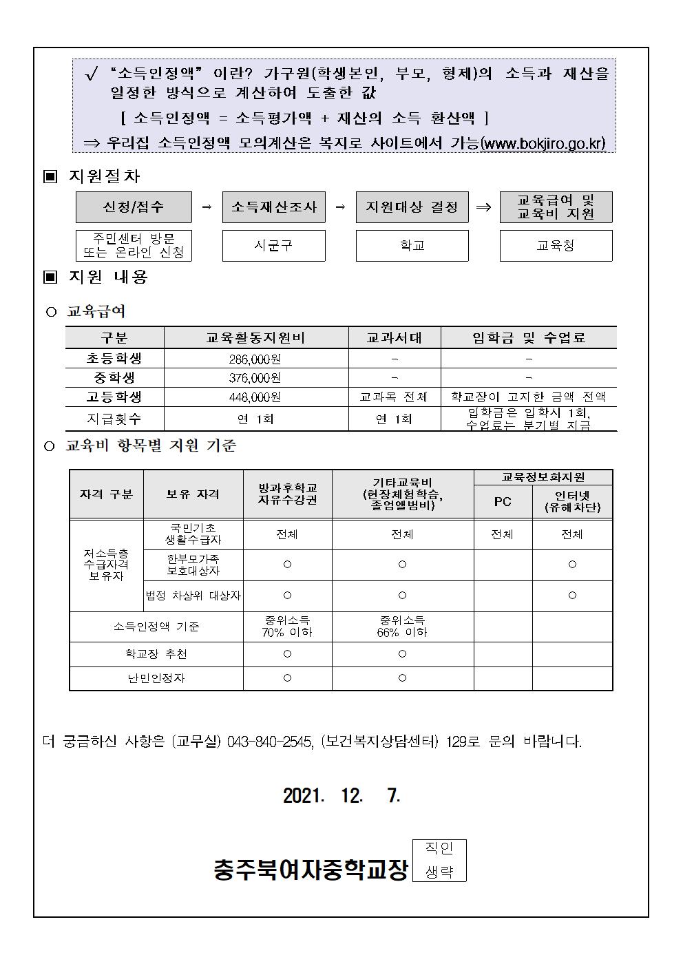 2021. 교육급여 및 교육비 신청 재안내 가정통신문002