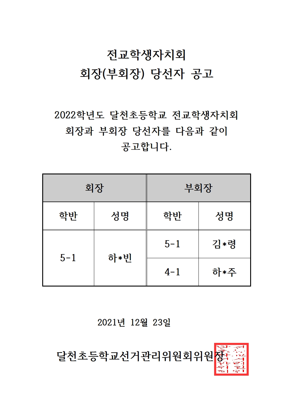 전교학생자치회 회장(부회장) 당선 공고(달천)001