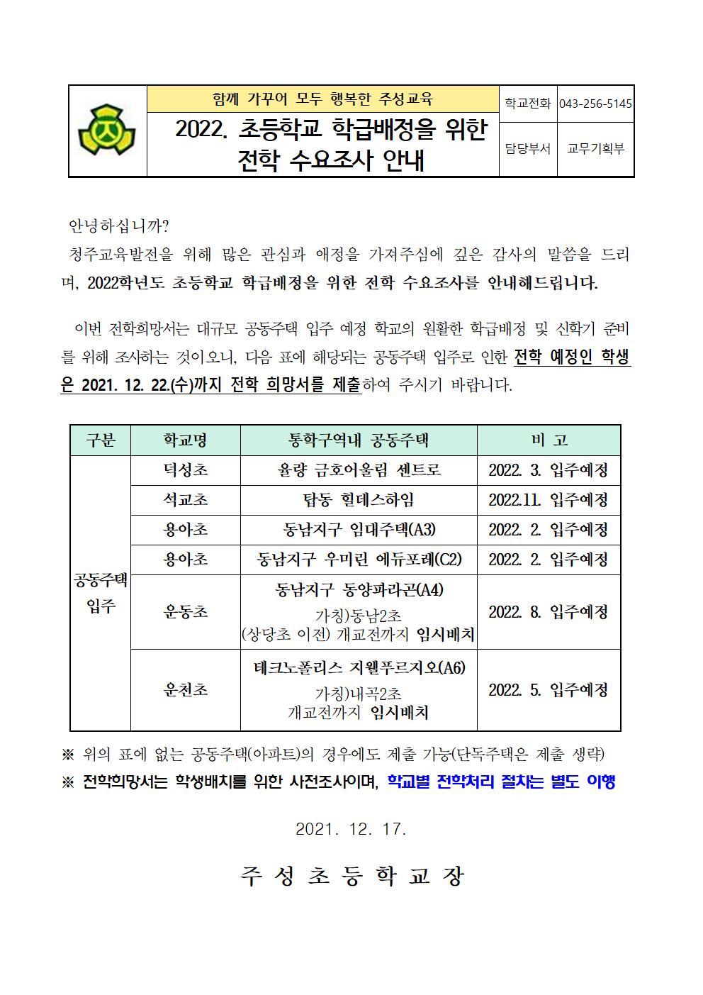 2022. 학급배정을 위한 전학 수요조사 안내문001