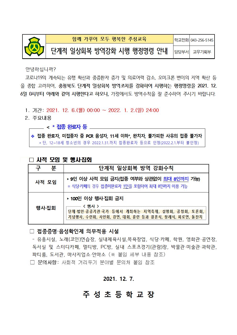 단계적 일상회복 행정명령(12.6.) 안내문