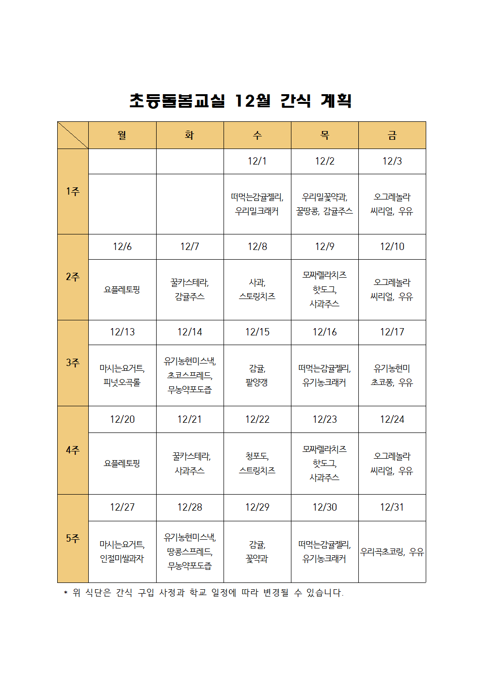 초등돌봄교실 12월 간식 계획(2021)001