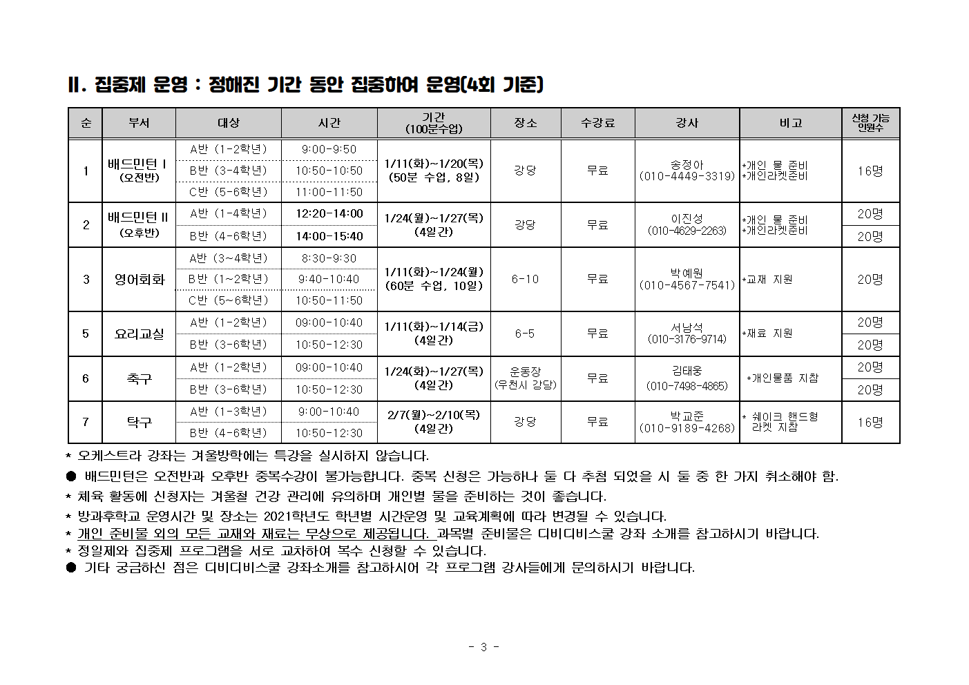 2021. 겨울방학 방과후학교 부서별 운영 시간표003