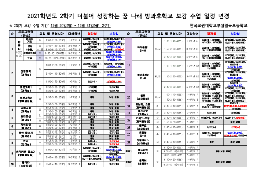 2021학년도 2학기 방과후학교 프로그램 보강 운영 변경(안)-12.22 휴강 반영_2