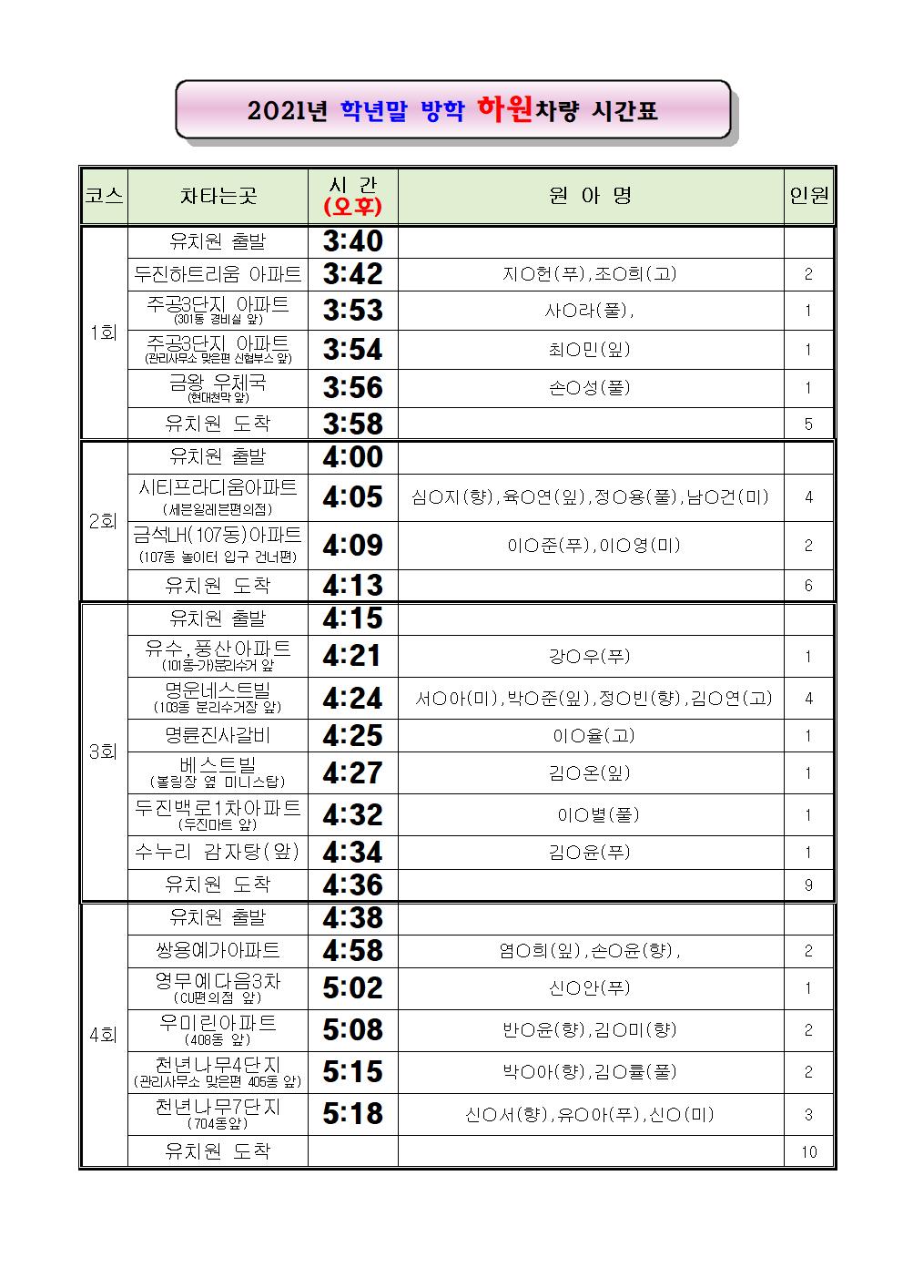 2021년 학년말 방학 통학차량 시간표(개인정보)002