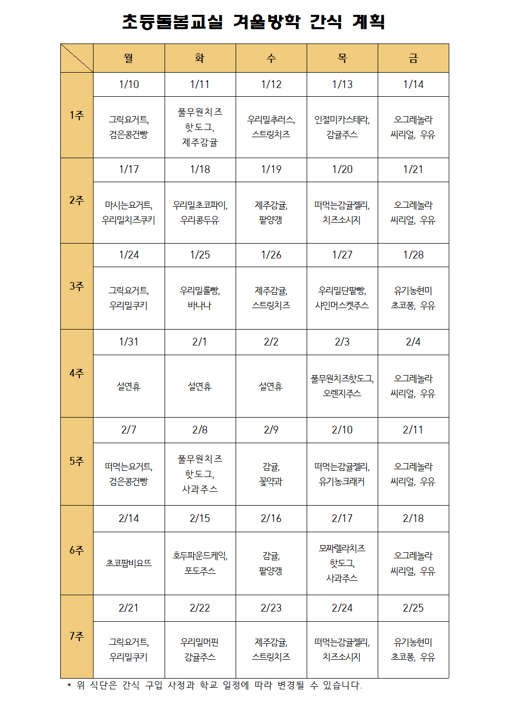 초등돌봄교실 겨울방학 간식 계획(2021)001