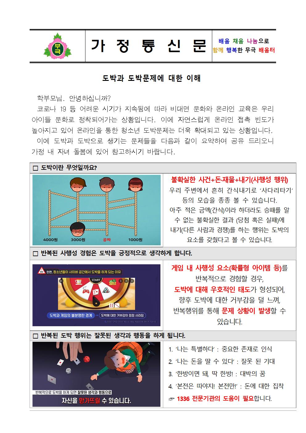 도박과 도박문제에 대한 이해 가정통신문001