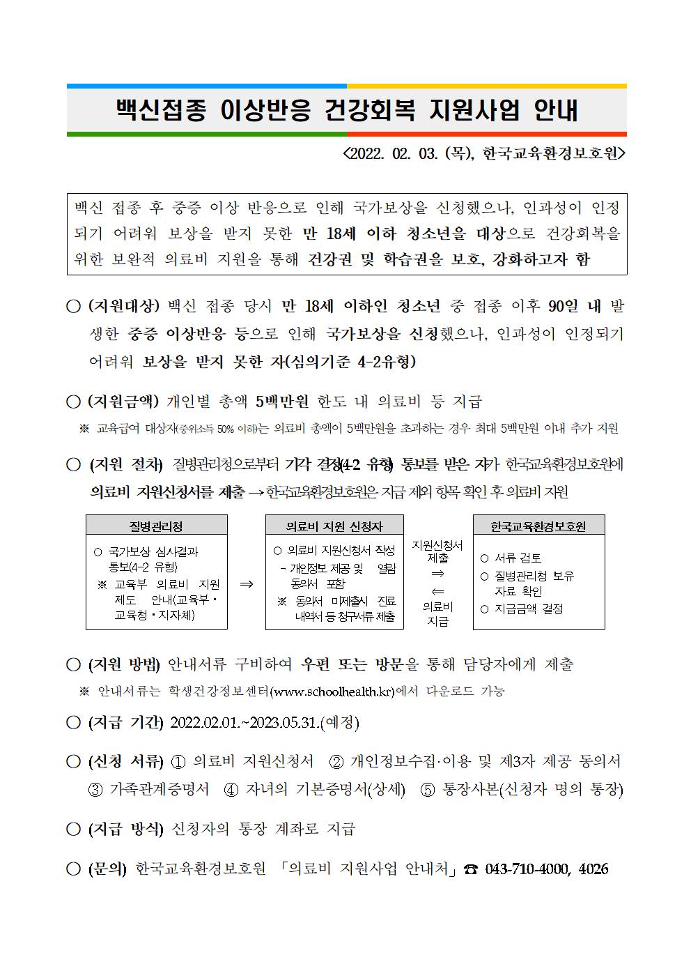 충청북도교육청 체육건강안전과_[붙임1] 백신접종 이상반응 건강회복 지원사업 안내001