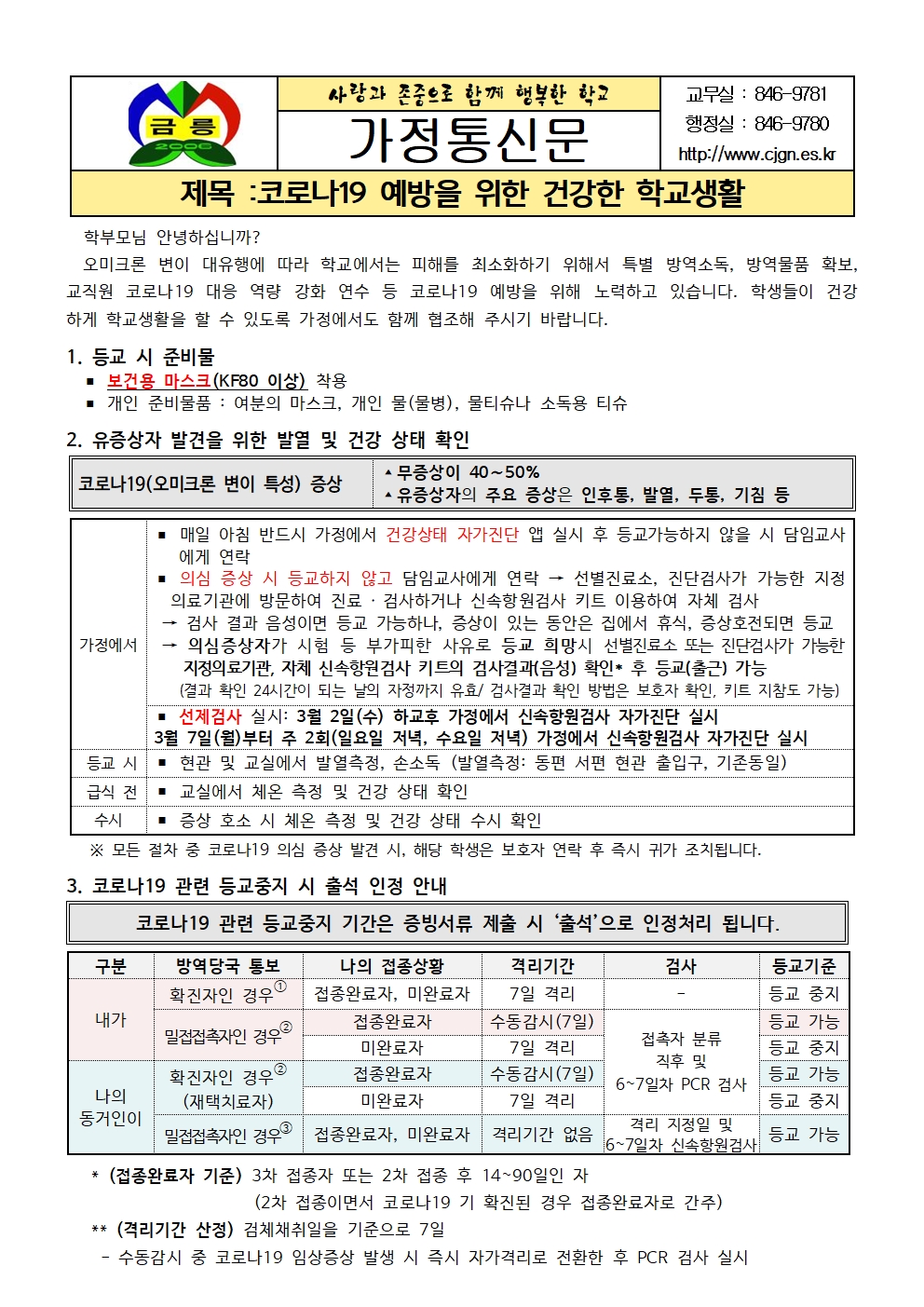 코로나19 예방을 위한 건강한 학교생활 안내(금릉초 가정통신문)001