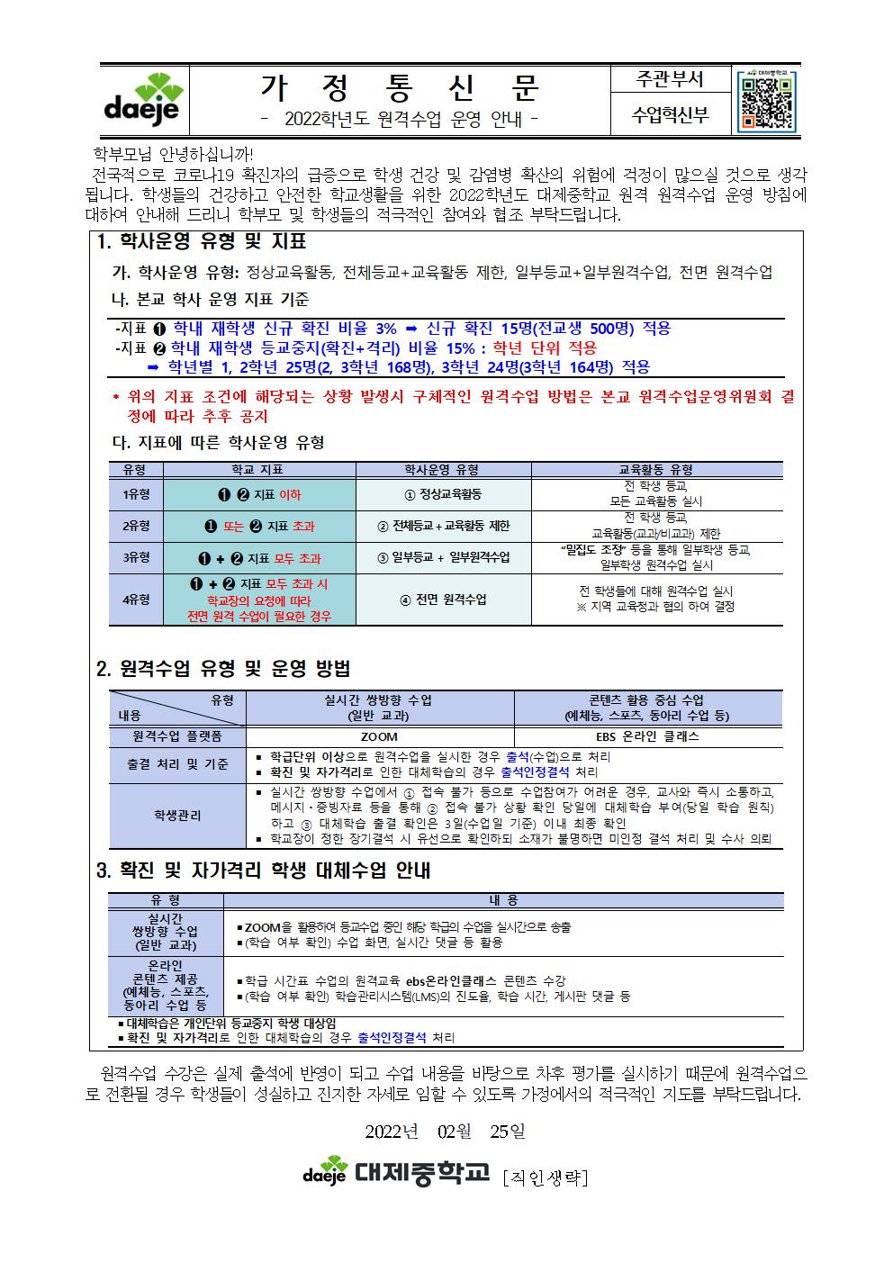 2022. 원격수업 운영 안내 가정통신문