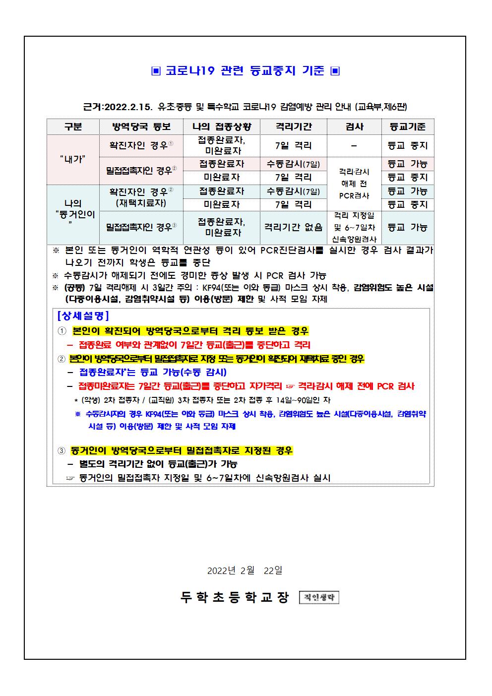 코로나19 학교 방역수칙 및 등교중지 기준 안내002