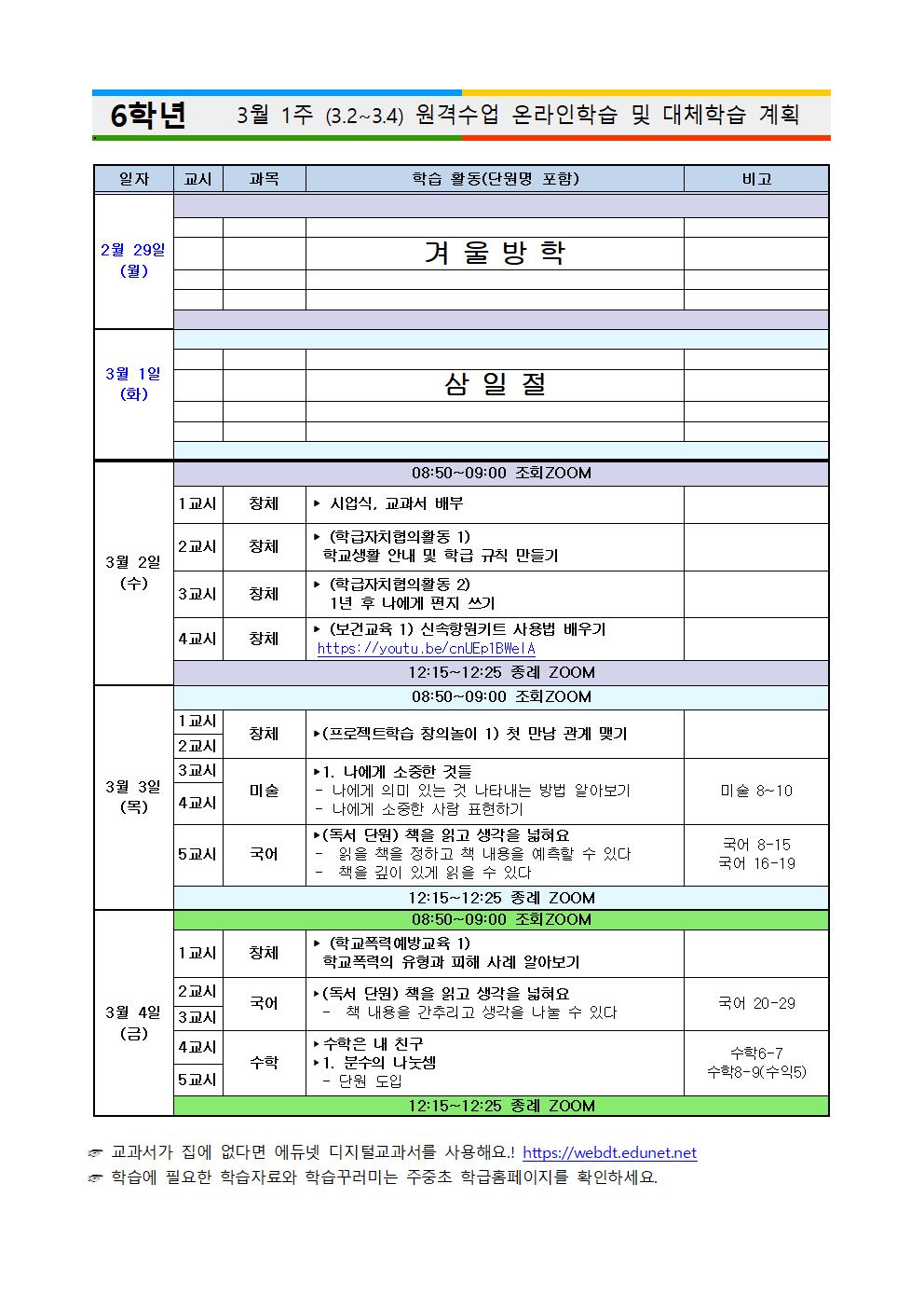 6학년 3월 1주(3.2~3.4) 원격수업 온라인학습 및 대체학습 계획