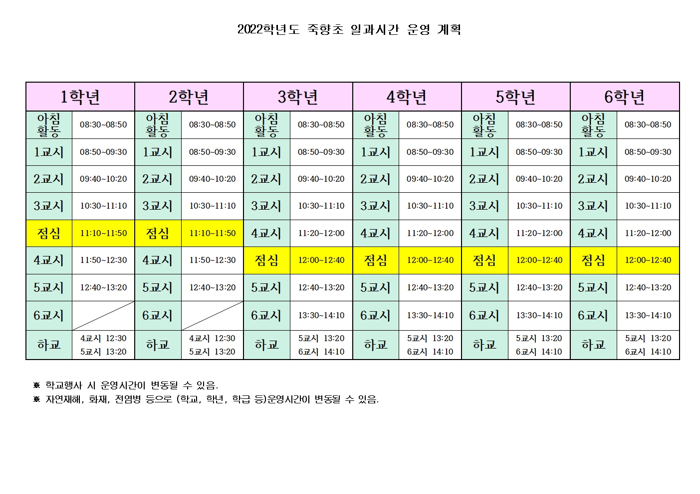 2022학년도 죽향초 일과시간 운영 계획