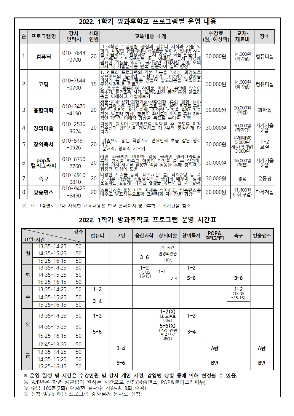 2022. 1학기 방과후 프로그램 수강신청 안내문002