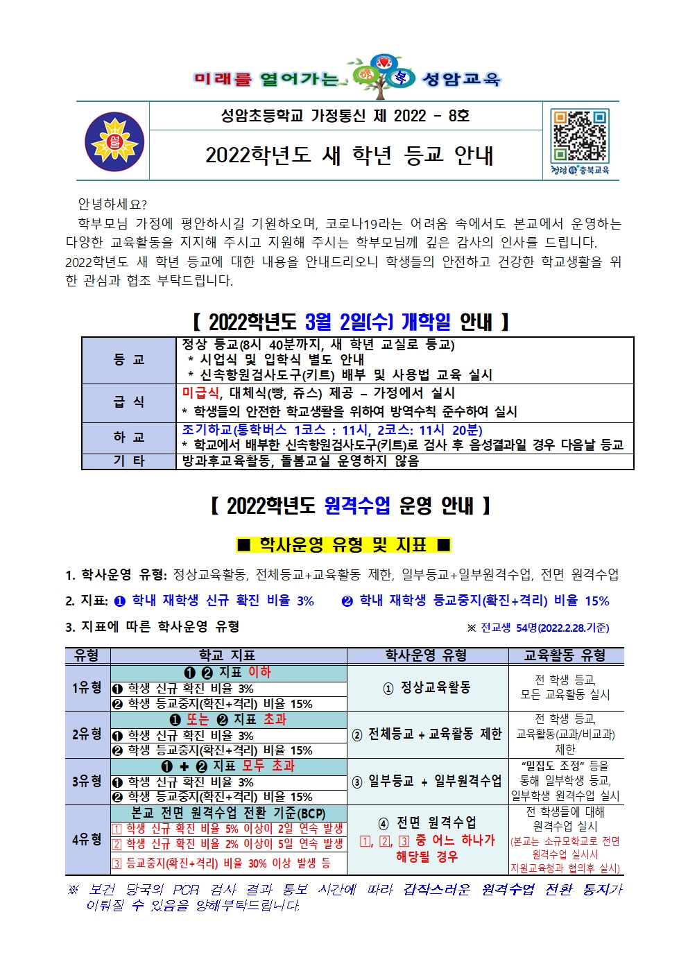 (가정통신문) 2022. 새 학년 등교 안내문001