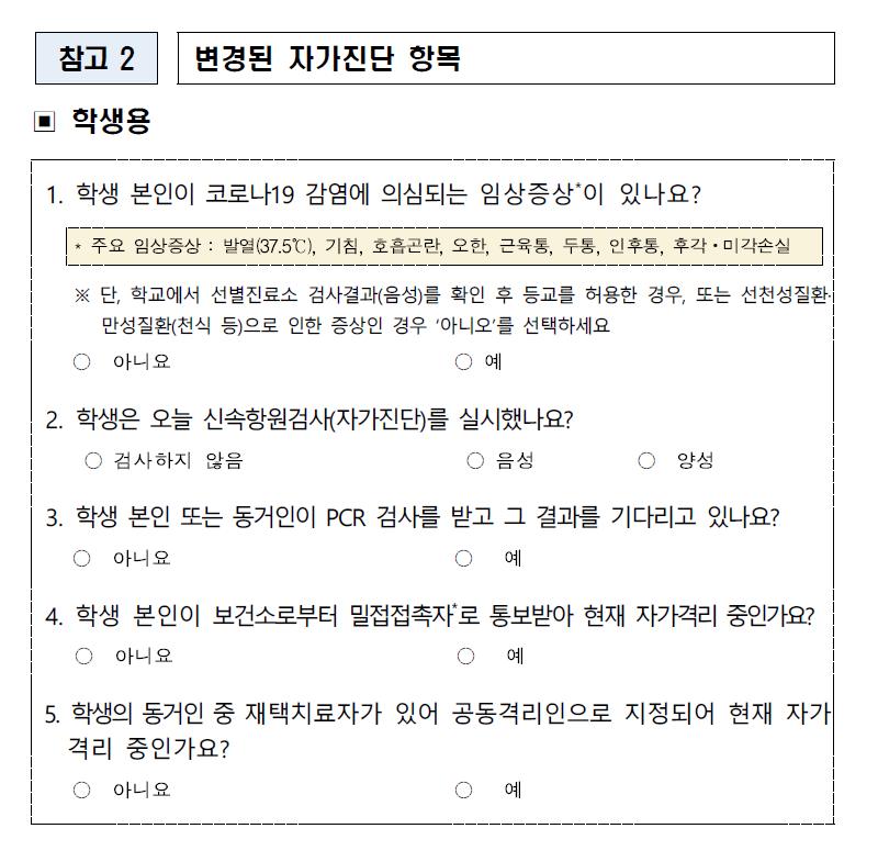 변경된 자가진단 항목(학생)