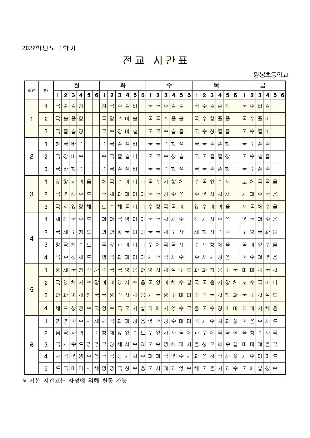 2022학년도 원봉초 전교 시간표(1학기)001