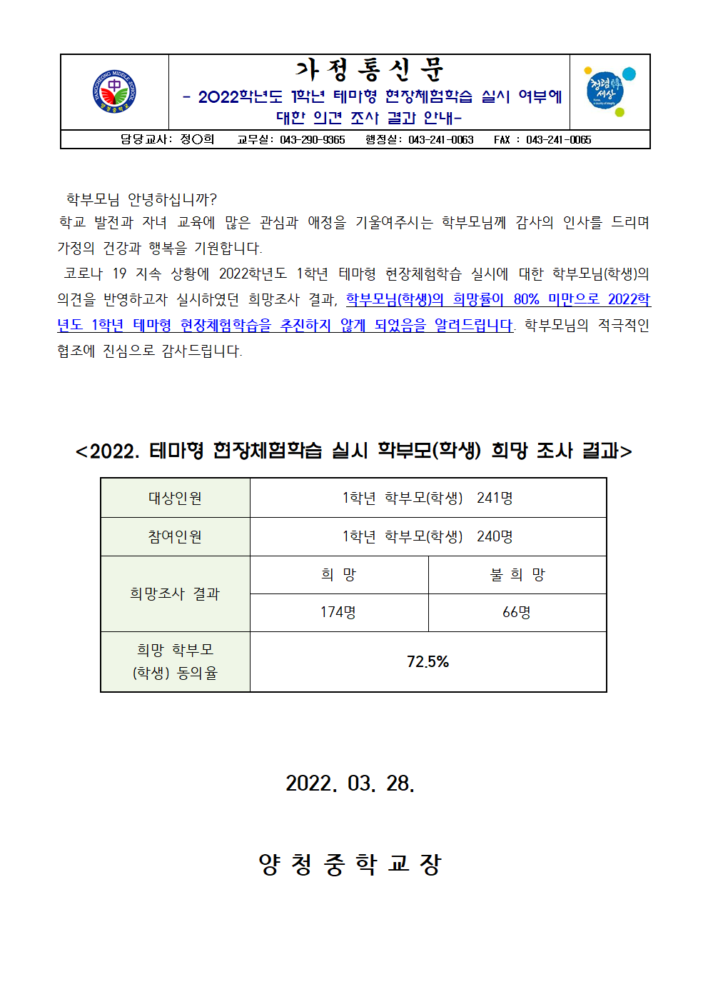 가정통신문(2022학년도 1학년 테마형 현장체험학습 실시 여부에 대한 의견 조사 결과 안내)001